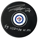 Patrik Laine Autographed Winnipeg Jets 5 Goal Game Inscribed Puck CoJo Sport Collectables Inc.