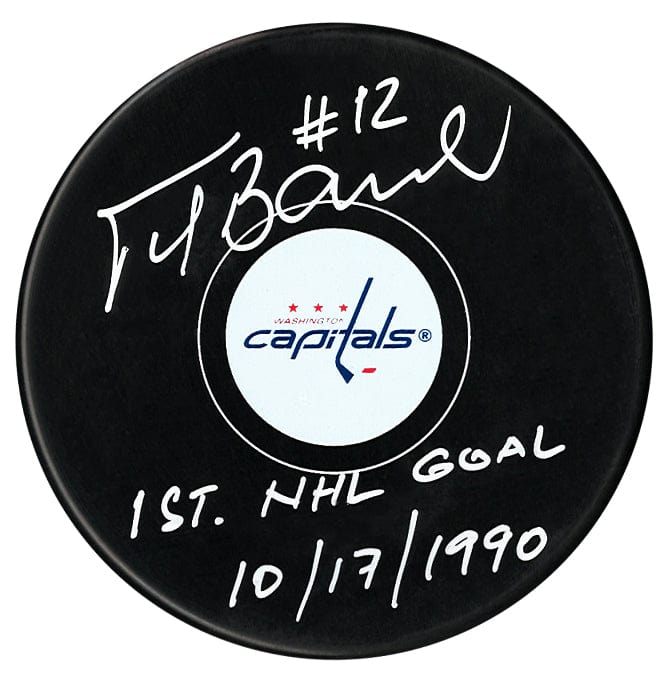 Peter Bondra Autographed Washington Capitals 1st NHL Goal Inscribed Puck (Small Logo) CoJo Sport Collectables Inc.
