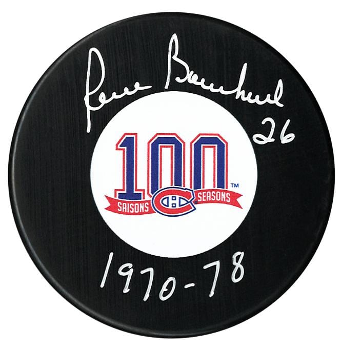 Pierre Bouchard Autographed Montreal Canadiens Centennial Season Inscribed Puck CoJo Sport Collectables Inc.
