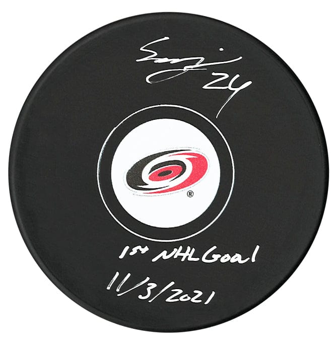 Seth Jarvis Autographed Carolina Hurricanes 1st NHL Goal Inscribed Puck CoJo Sport Collectables Inc.