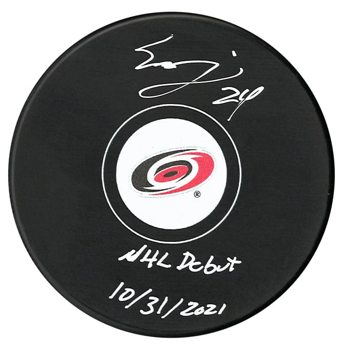 Seth Jarvis Autographed Carolina Hurricanes NHL Debut Inscribed Puck CoJo Sport Collectables Inc.