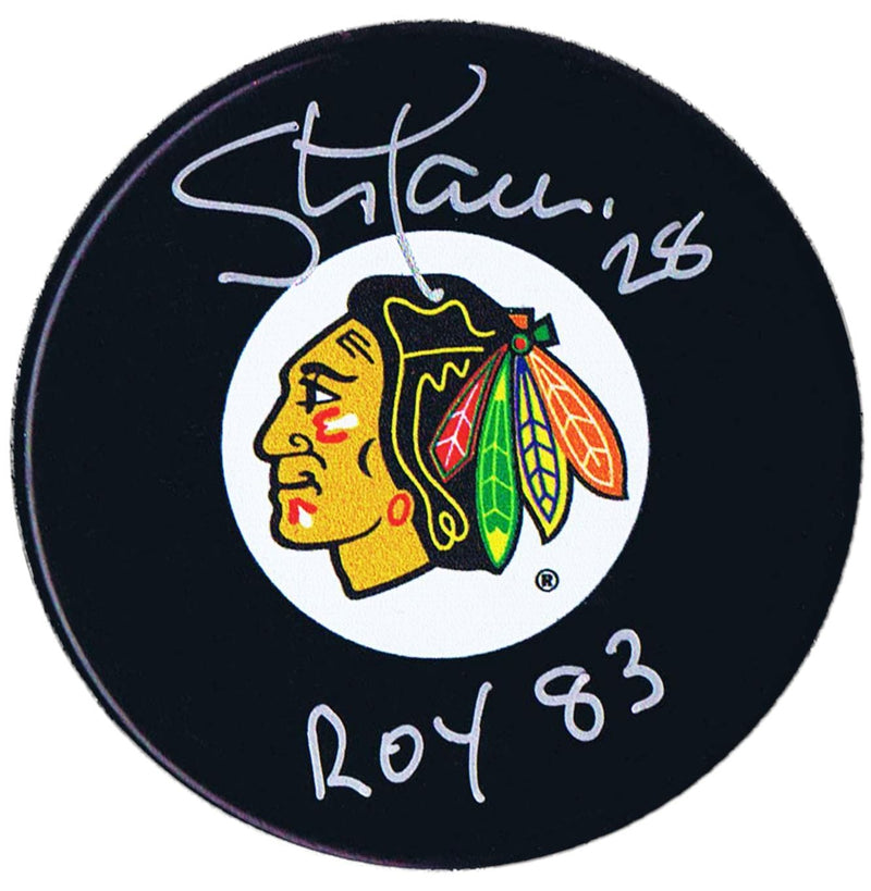 Steve Larmer Autographed Chicago Blackhawks ROY 83 Puck CoJo Sport Collectables Inc.