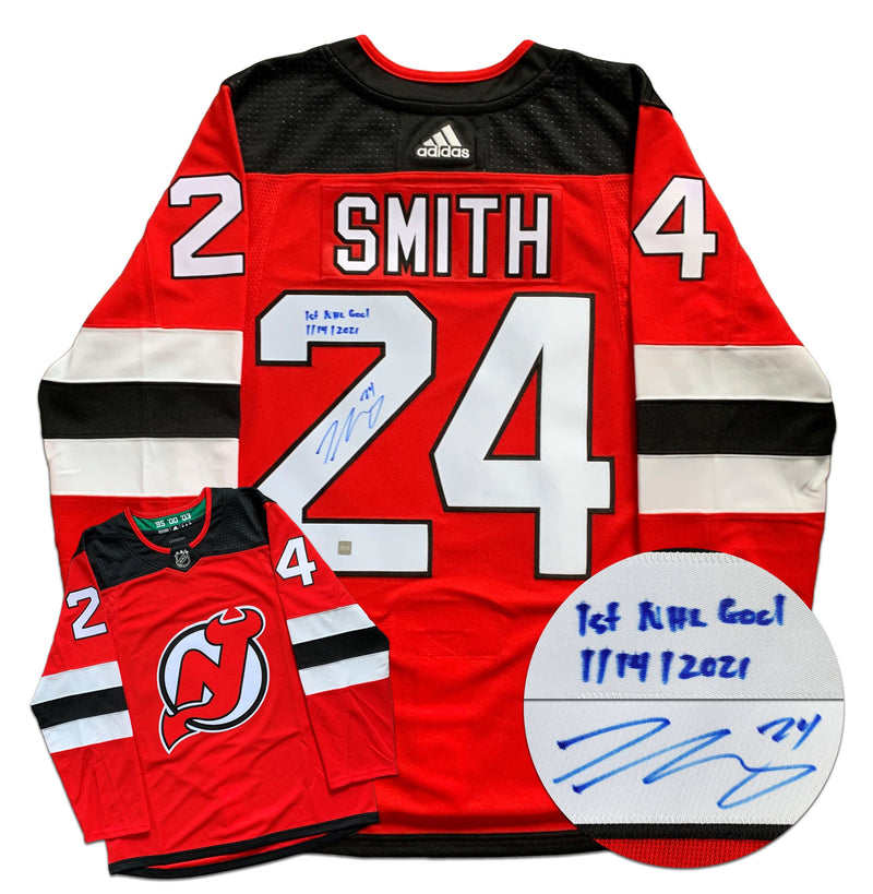 Ty Smith New Jersey Devils Autographed 1st NHL Goal Inscribed Adidas Pro Jersey CoJo Sport Collectables Inc.