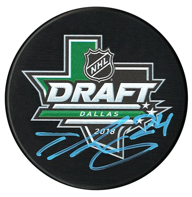 Ty Smith New Jersey Devils Autographed 2018 NHL Draft Puck (Baby Blue) CoJo Sport Collectables Inc.