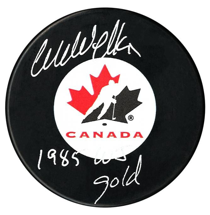 Wendel Clark Autographed Team Canada 1985 WJ Gold Inscribed Puck CoJo Sport Collectables Inc.
