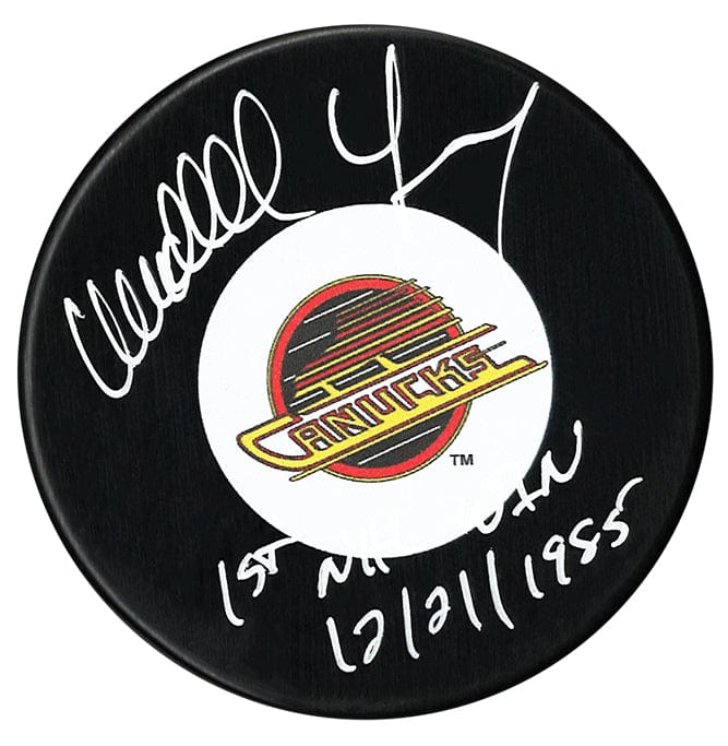 Wendell Young Autographed Vancouver Canucks 1st Win Inscribed Puck CoJo Sport Collectables Inc.